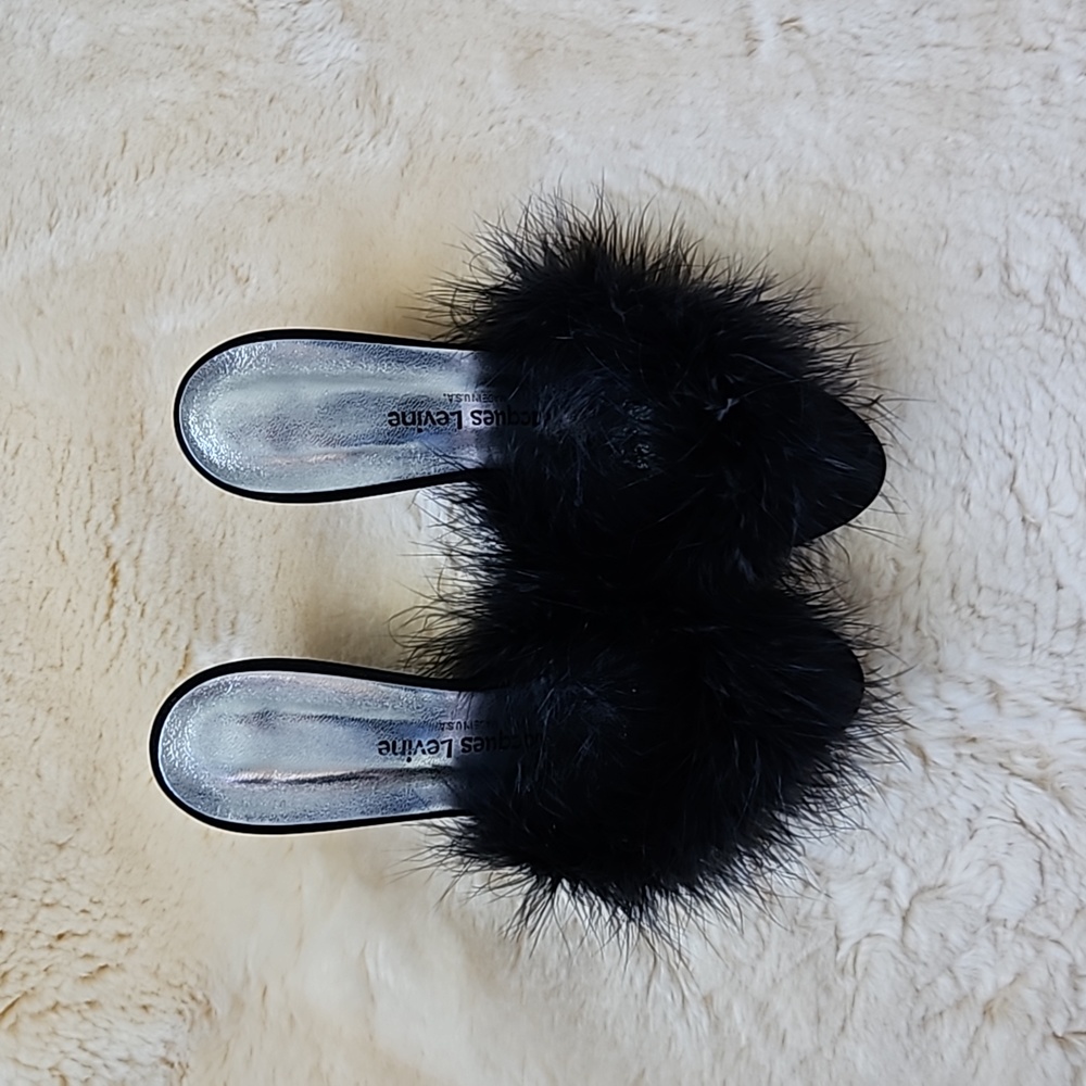 Vintage Jacques Levine Black Satin + Feather Mules - Picture 5 of 7